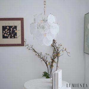 Splendore - elegancka wisząca ze szkła białego i niklu, widok z boku