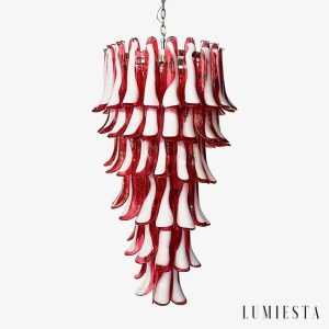 Czerwona szklana lampa wisząca Spuma - widok frontalny, metalowa obręcz i szklane klosze