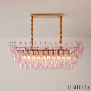 Stile - rozłożona lampa wisząca szklana złota i różowa, widok całej konstrukcji