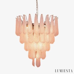 Lampa wisząca glamour z różowego szkła niklowana Struttura do salonu, widok od przodu