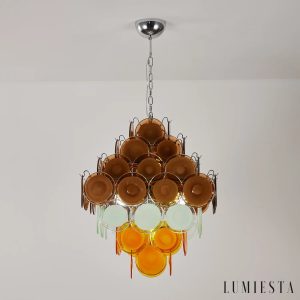Lampa wisząca Suono z metalu w kolorze niklu i brązu, widok na centralną część konstrukcji
