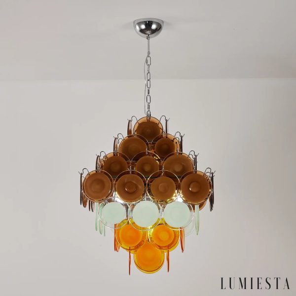 Lampa wisząca Suono z metalu w kolorze niklu i brązu, widok na centralną część konstrukcji