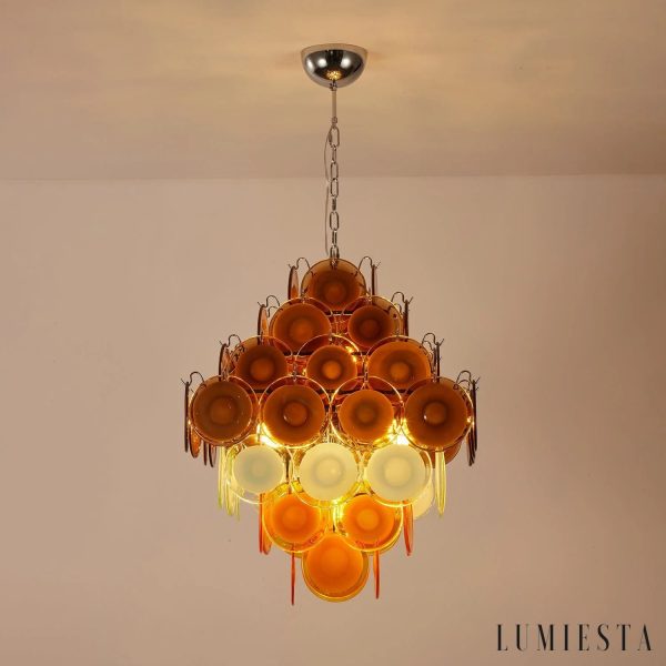 Metalowa lampa wisząca Suono nikiel i brąz, ujęcie od spodu z widocznym układem kloszy