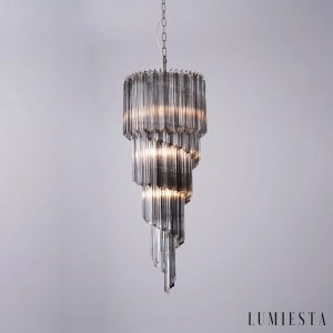 Torre - nowoczesna lampa wisząca do salonu z niklu i szkła, pełny widok modelu
