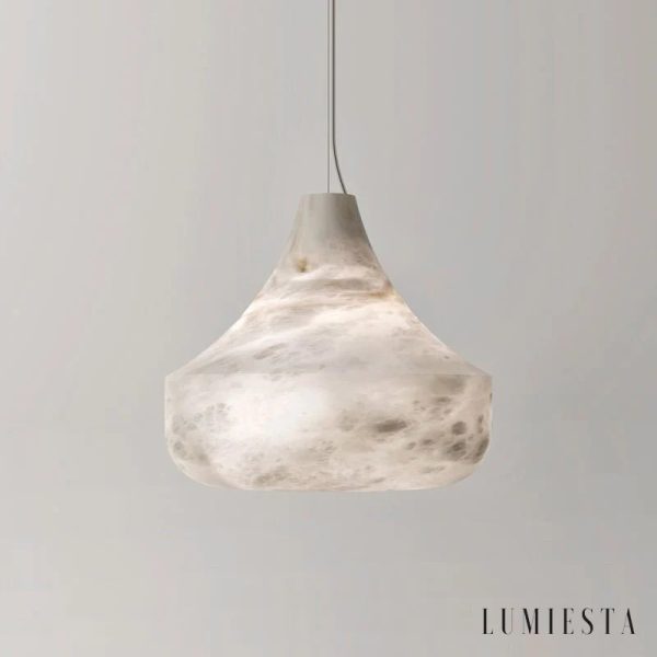 Torres Vedras - biała lampa wisząca z alabastru, detal metalowego zawieszenia