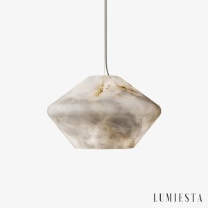 Lampa wisząca alabastrowa biała Torres Vedras, widok od przodu z szerokim, okrągłym kloszem