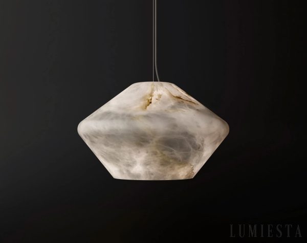 Torres Vedras - biała lampa wisząca z alabastru, boczny widok na proporcje Ø17/30 cm