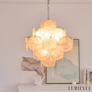 Lampa wisząca ze szkła morelowego i niklu Tramonto do salonu, widok z przodu