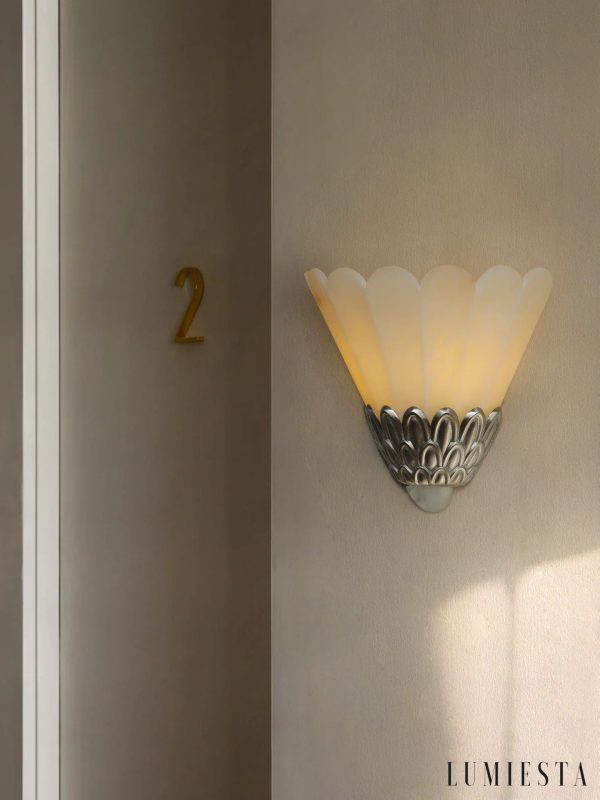 Troia - lampa sufitowa alabastrowa z niklowym mocowaniem i białym kloszem