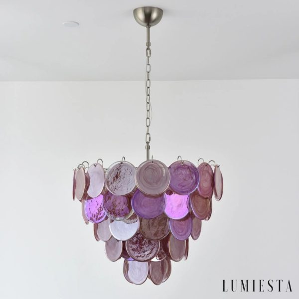 Różowa lampa wisząca Viola ze szkła, widok na klosz z profilu