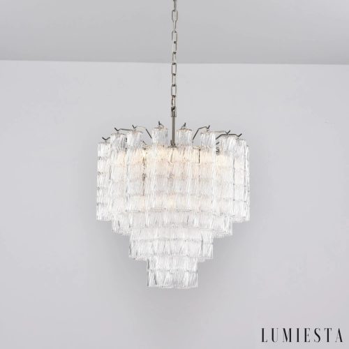 Visione - lampa wisząca z niklowanego metalu i szkła, widok z boku