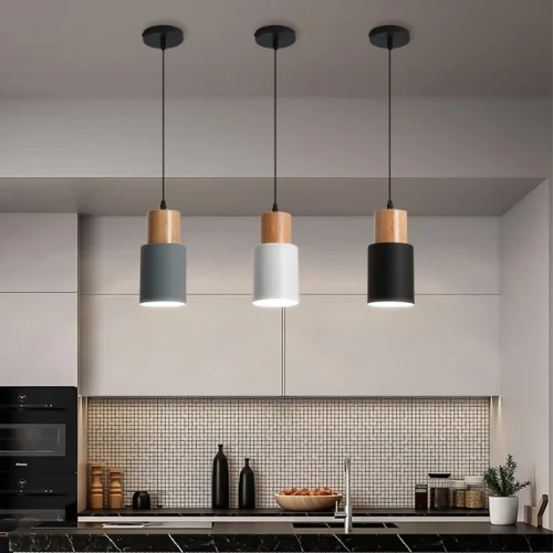 Cylindrical pendant lamp with wooden accent