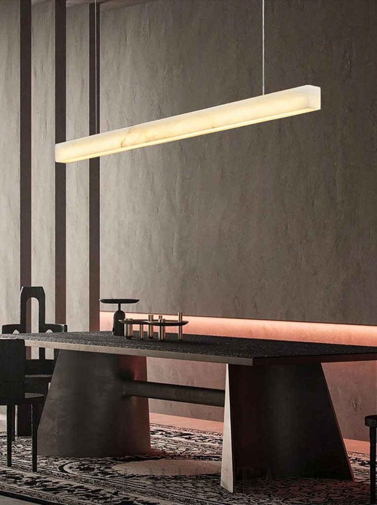 Liner - podłużna lampa wisząca z alabastru LED, widok podłużnego klosza