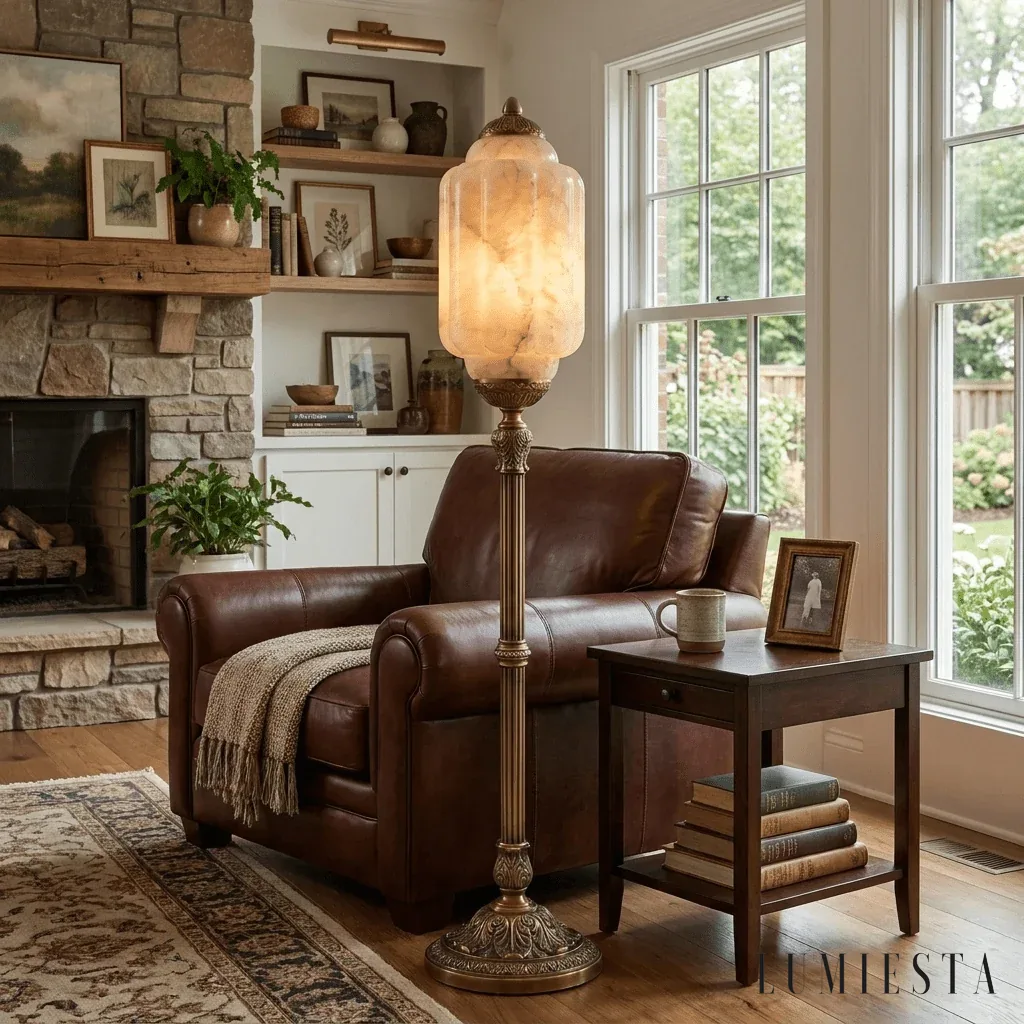 Barga - lampa stojąca alabastrowa Ø klosza: 20 cm; wysokość całkowita: 95 cm - wykończenie antyczna miedź i biały