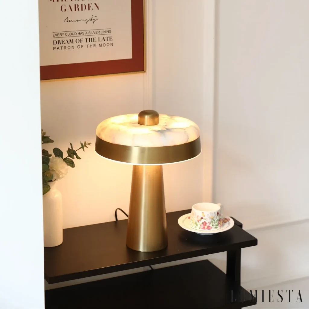 Estepa - lampa stołowa alabastrowa dysk - wykończenie złoty i biały