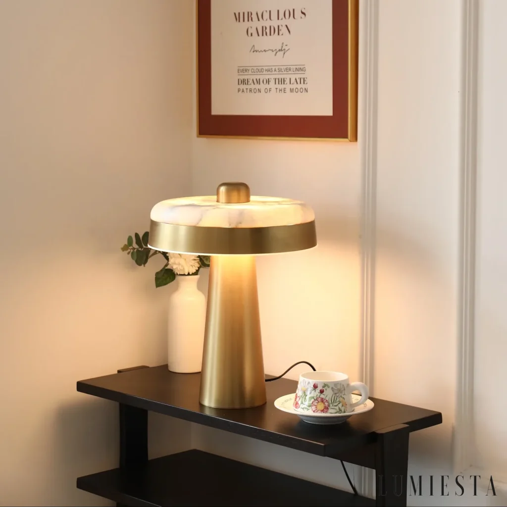 Estepa - lampa stołowa alabastrowa dysk - detal klosza i podstawy