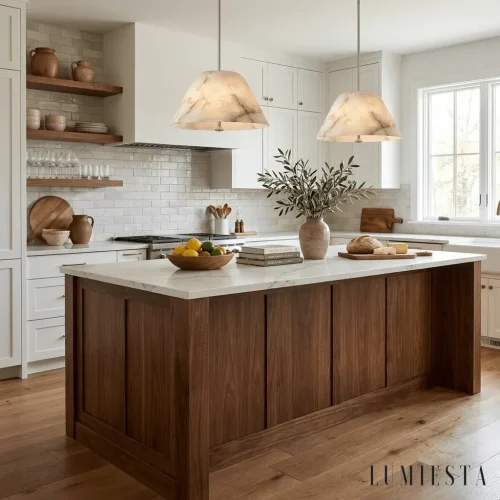 Morella - lampa wisząca alabastrowa stożek - detal materiału - alabaster