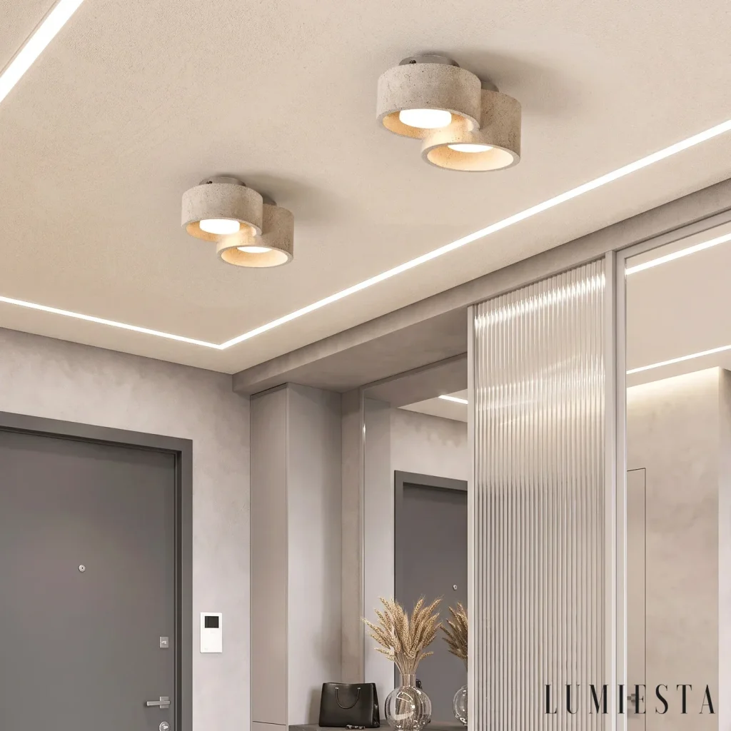 Orvieto - lampa sufitowa trawertynowa z walcowymi kloszami - detal materiału - trawertyn