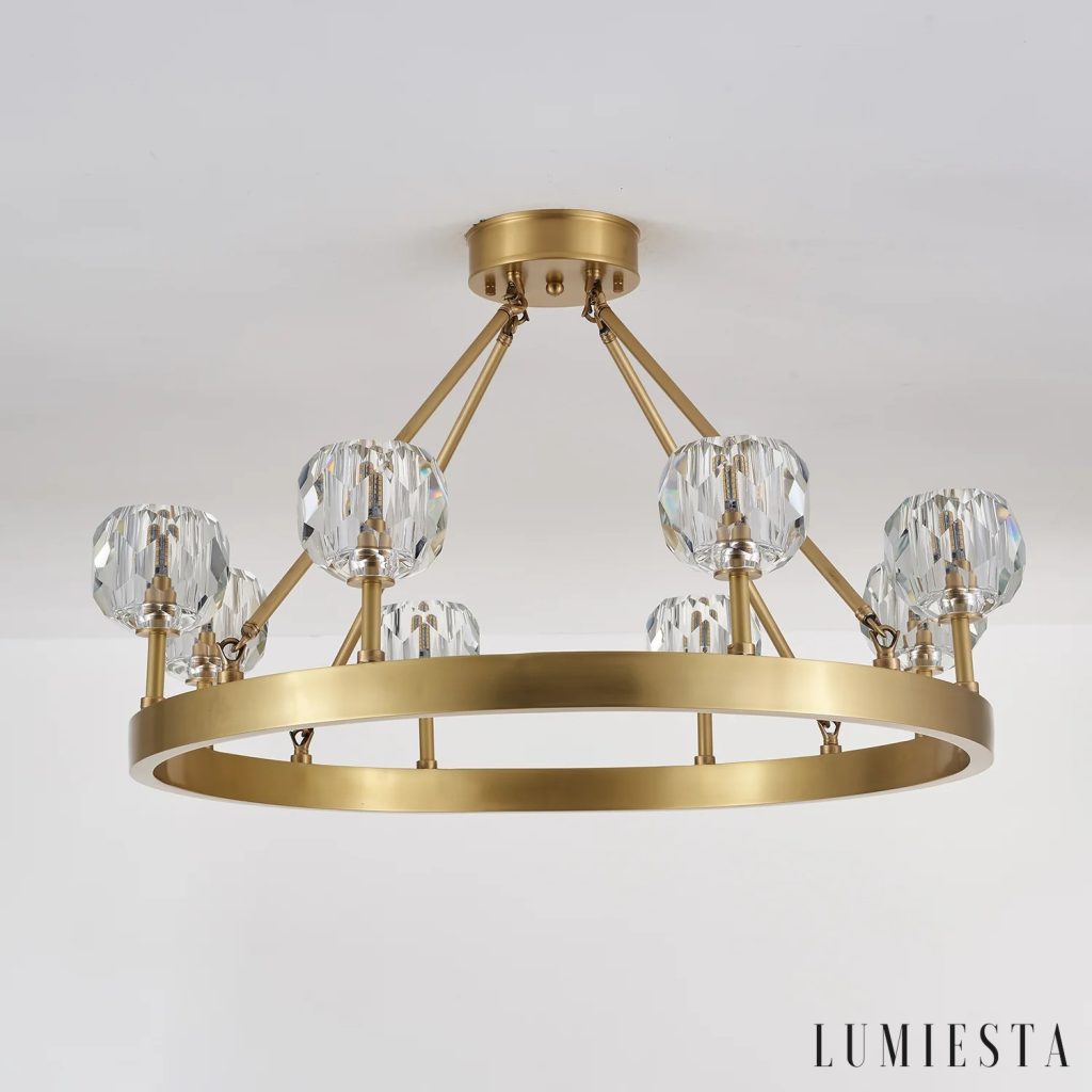 Obelisk - brass frame with crystal drops, angled view