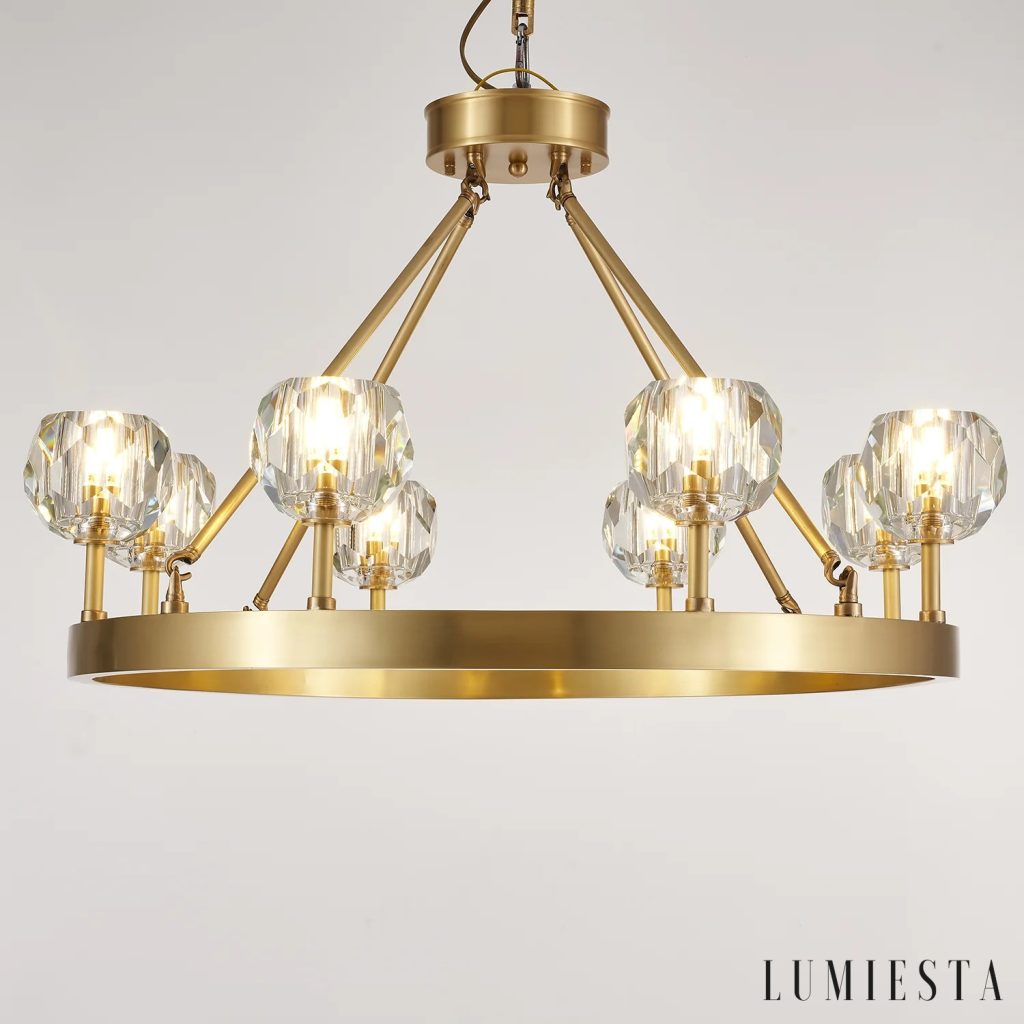 Obelisk - side view, crystal and brass chandelier with a slender profile