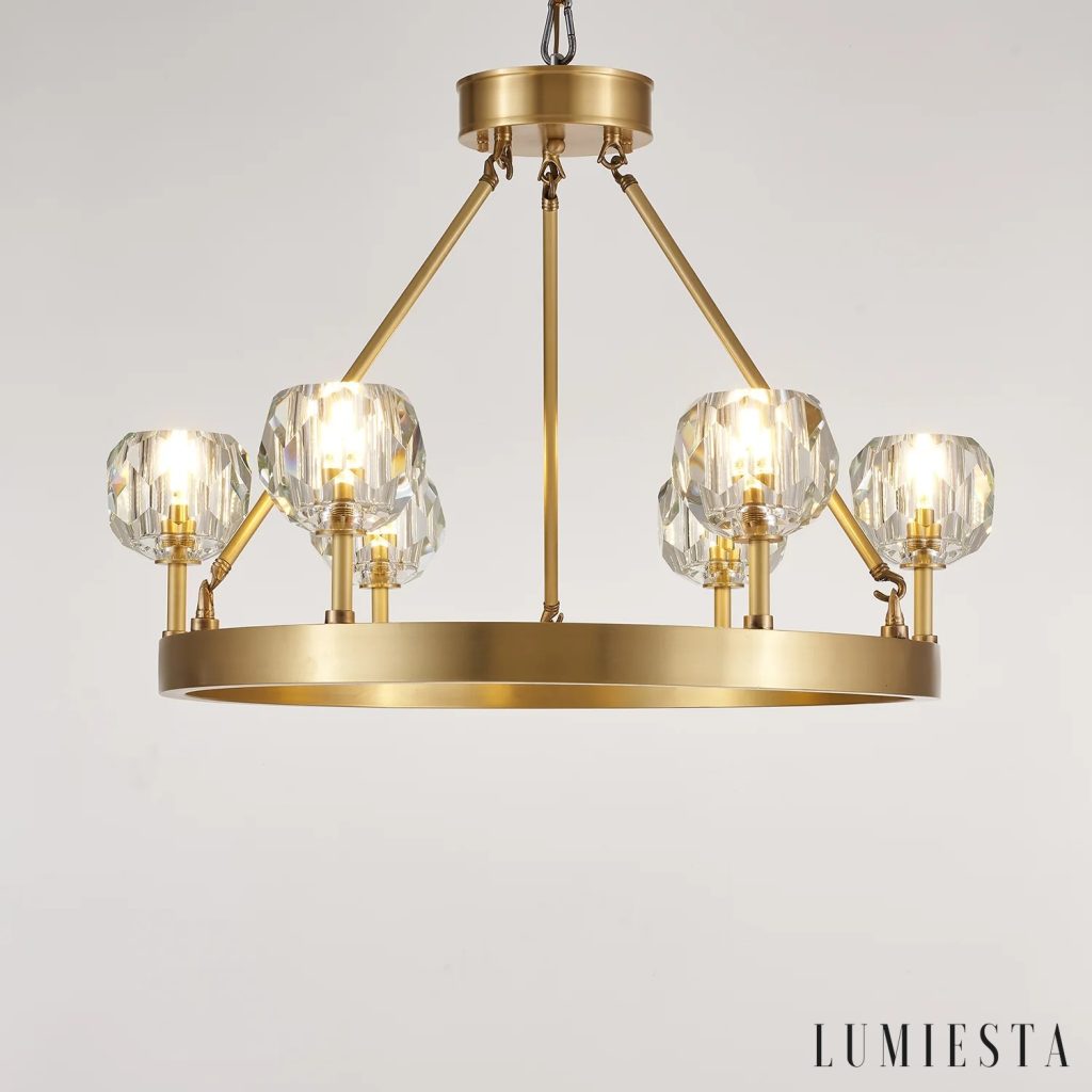 Obelisk - brass crystal chandelier viewed from below
