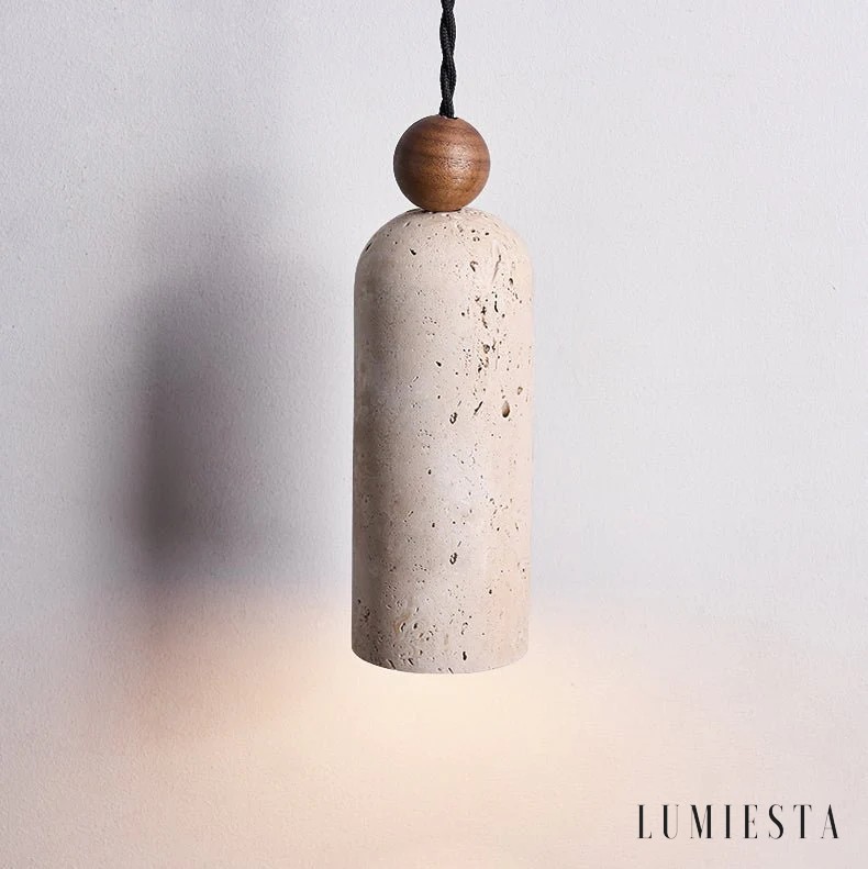 Rettia - cylindrical travertine and wood pendant light