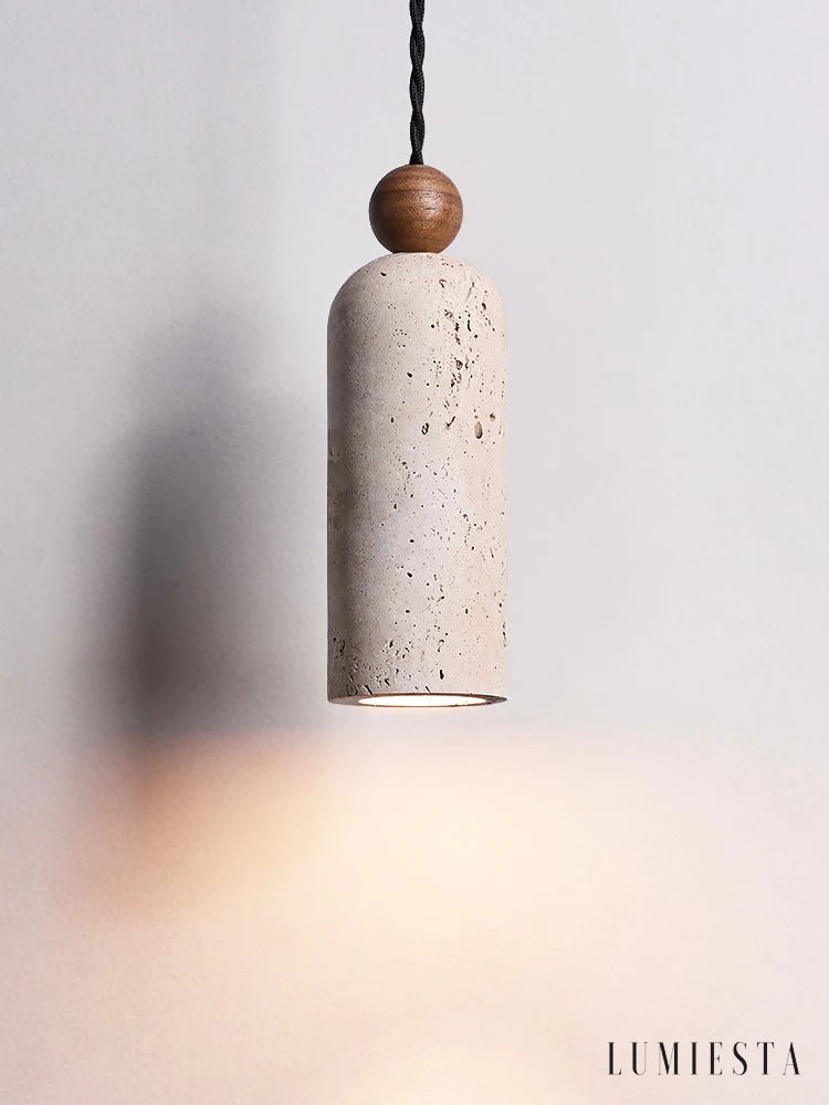 Rettia - cylindrical travertine and wood pendant light