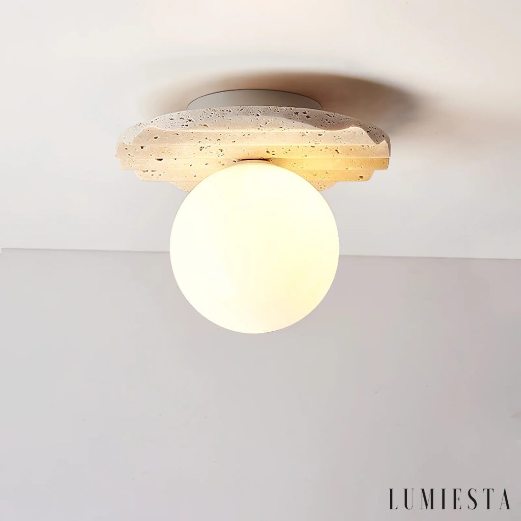 Elvia - travertine flush ceiling light with spherical shade Ø 20 cm