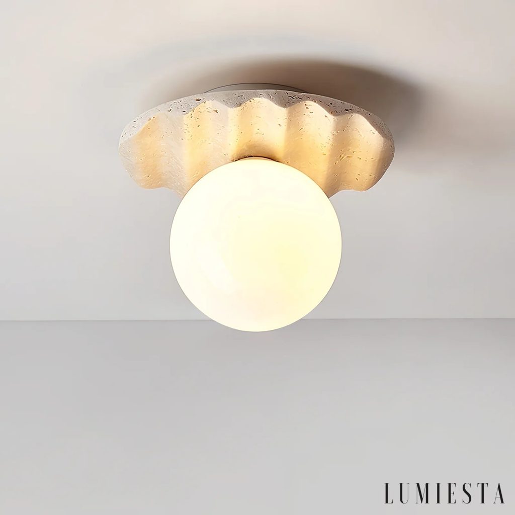Elvia - travertine flush ceiling light with spherical shade Ø 20 cm
