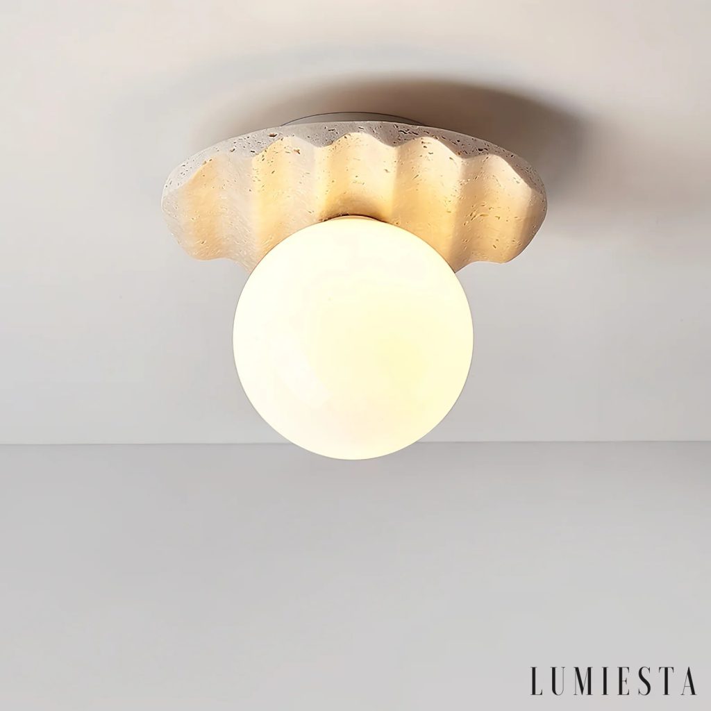 Elvia - travertine flush ceiling light with spherical shade Ø 20 cm