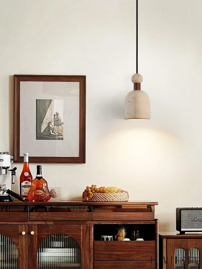 Coimbia - travertine and wood pendant light Ø 11 cm