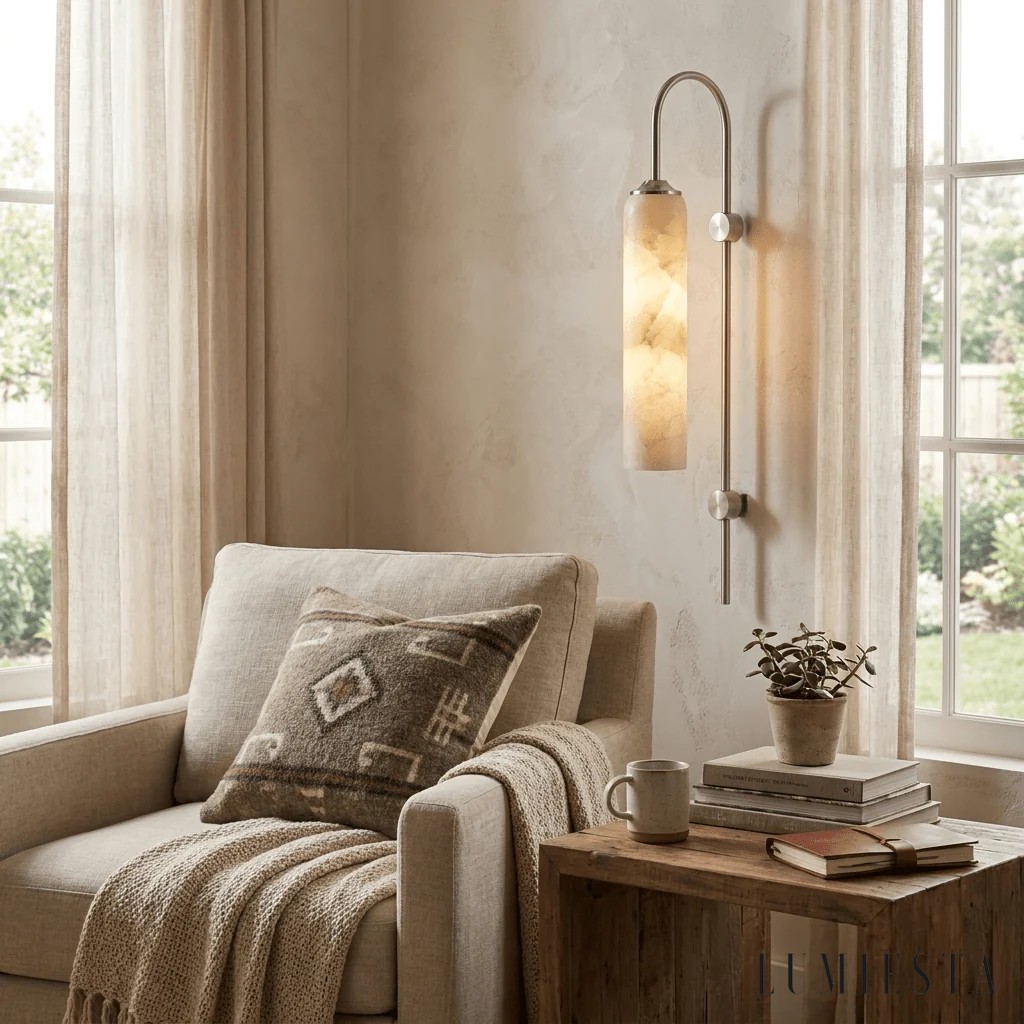 Posia - cylindrical alabaster wall light, 19 cm wide