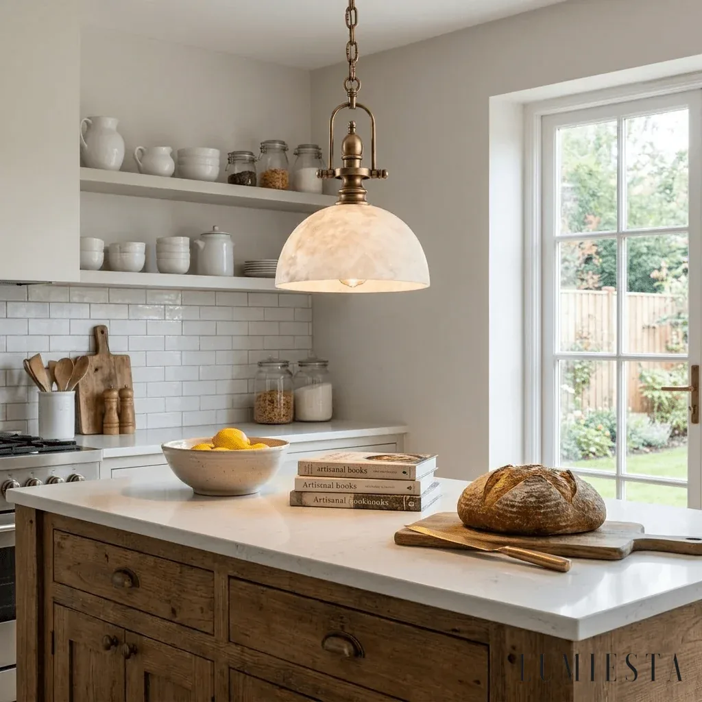 Cortona - alabaster dome pendant light - with the light switched on