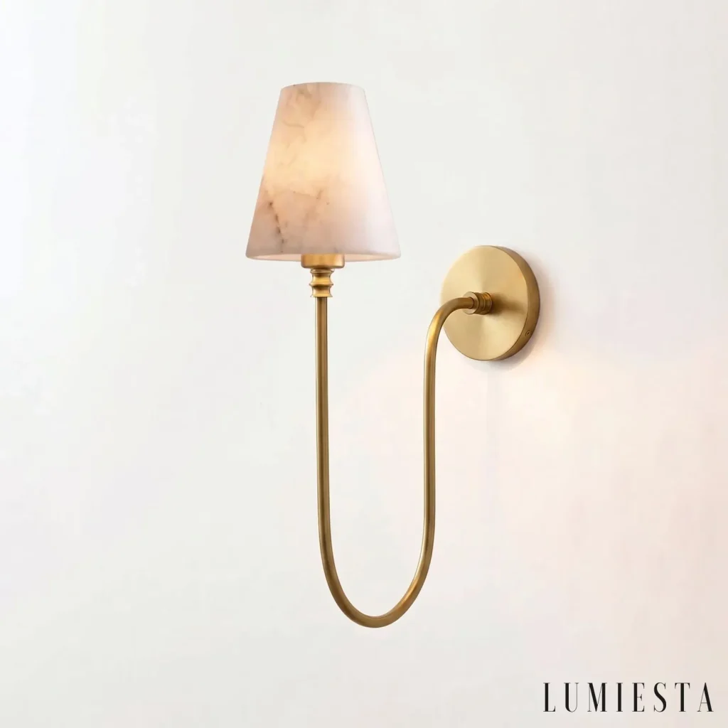 Certaldo - wall light with an alabaster cone on a curved arm - with the light switched on