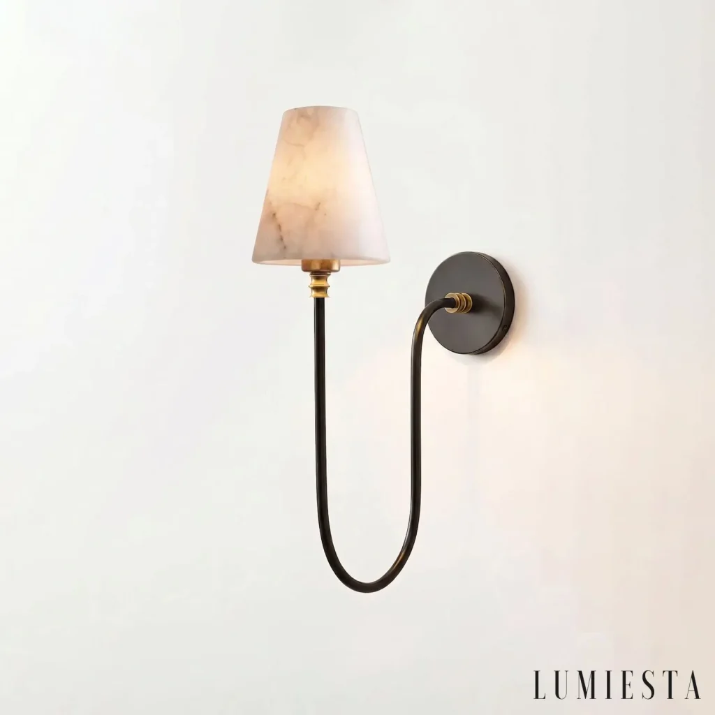 Certaldo - wall light with an alabaster cone on a curved arm - full view