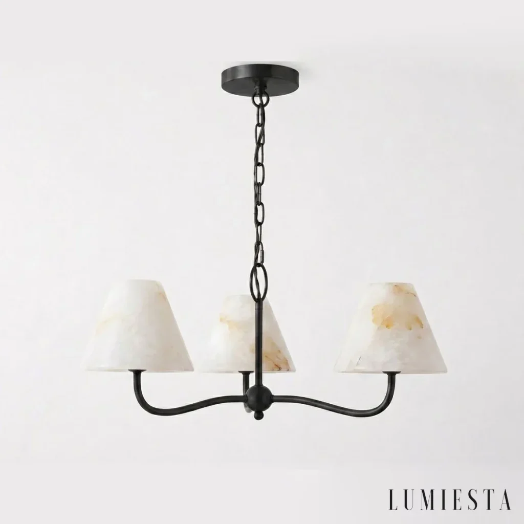 Vinci - alabaster chandelier with three conical shades - with the light switched on
