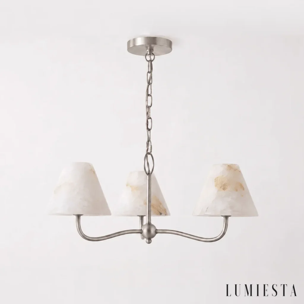 Vinci - alabaster chandelier with three conical shades - full view