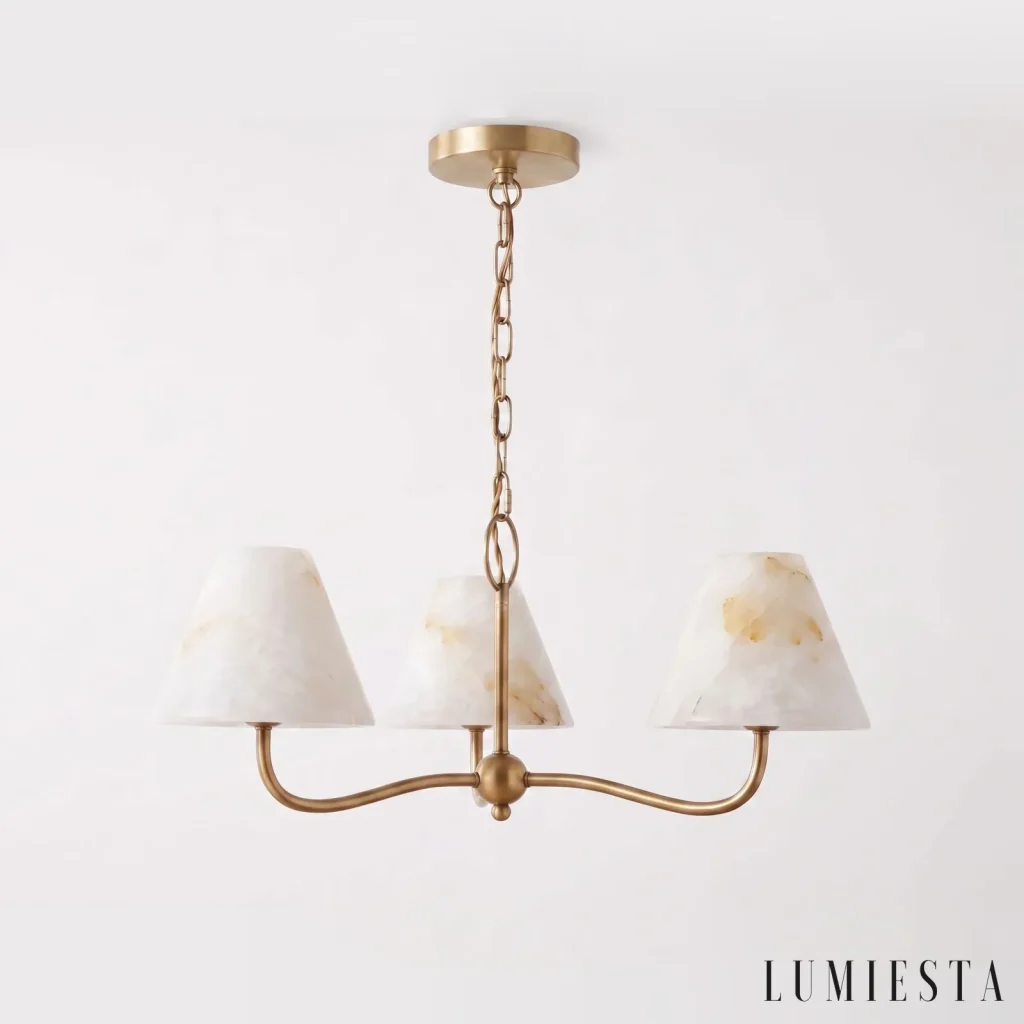 Vinci - alabaster chandelier with three conical shades - mounting detail