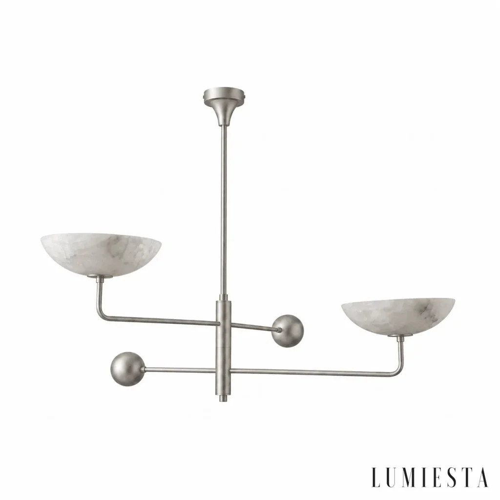Pietrasanta - alabaster chandelier with two bowl-shaped shades, 85 cm wide - shade and base detail