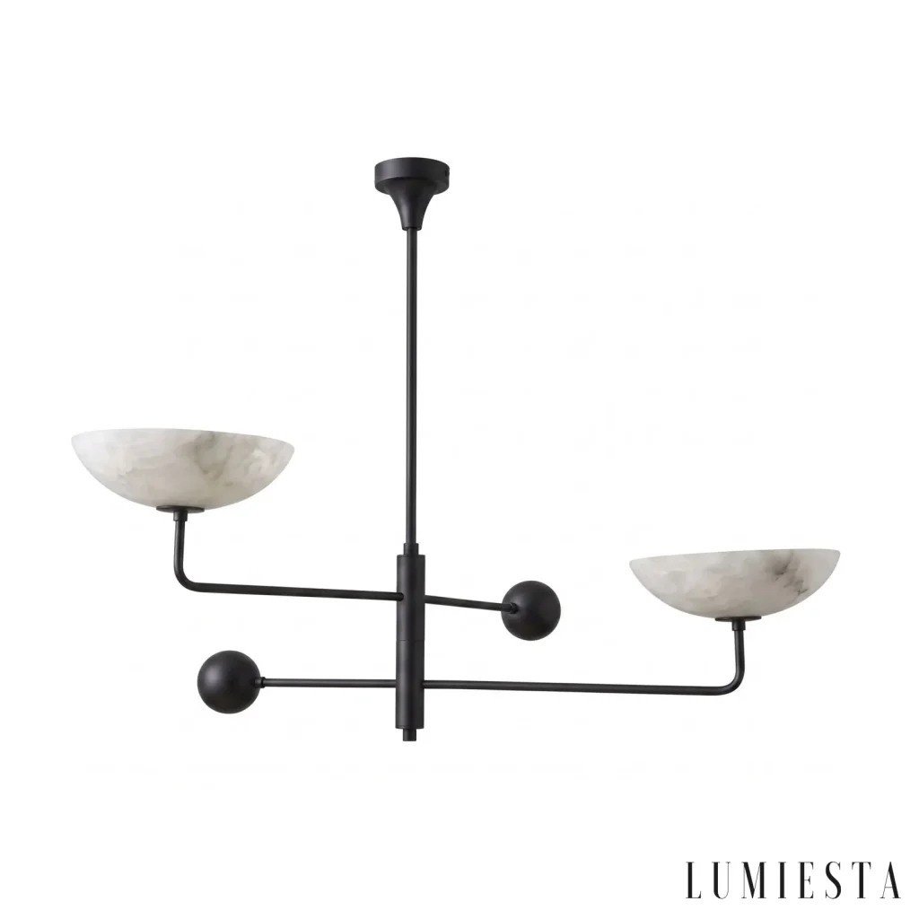 Pietrasanta - alabaster chandelier with two bowl-shaped shades, 85 cm wide - with the light switched on
