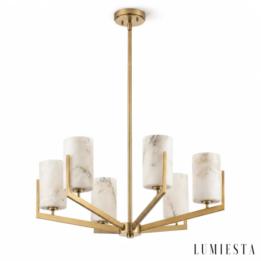 Carrara - alabaster chandelier with six cylindrical shades - shade and base detail