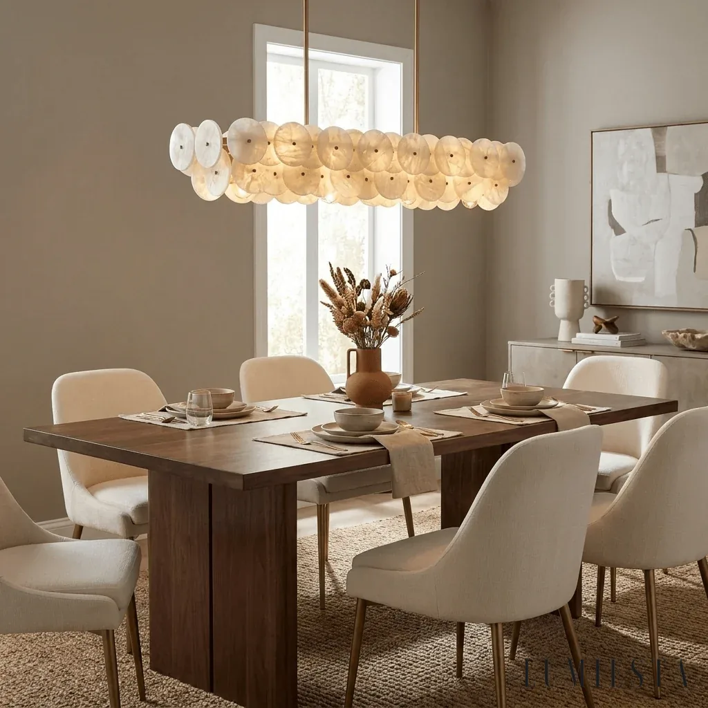 Panzano - linear chandelier with layers of alabaster discs - in an interior setting