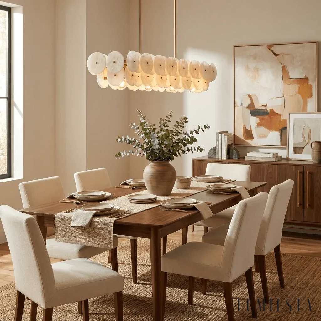 Panzano - linear chandelier with layers of alabaster discs - copper and white finish