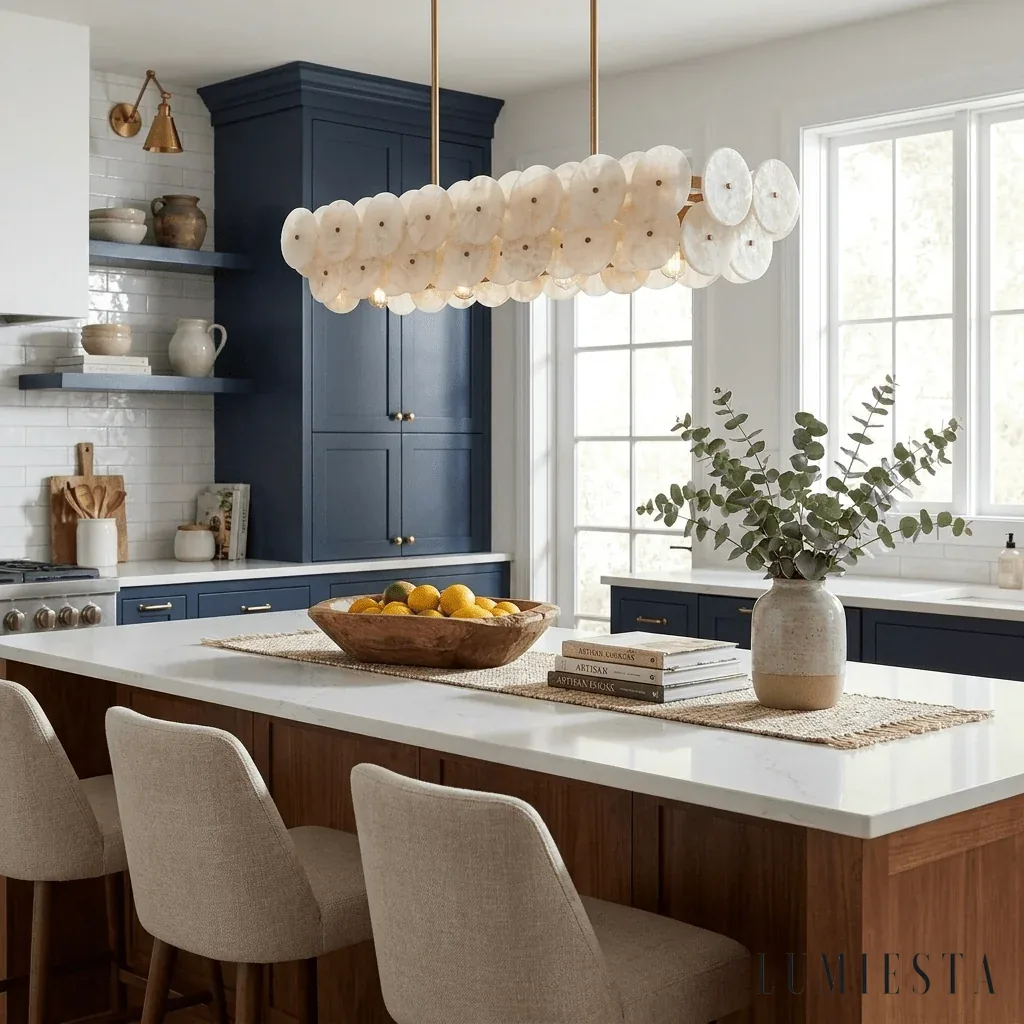 Panzano - linear chandelier with layers of alabaster discs - side view
