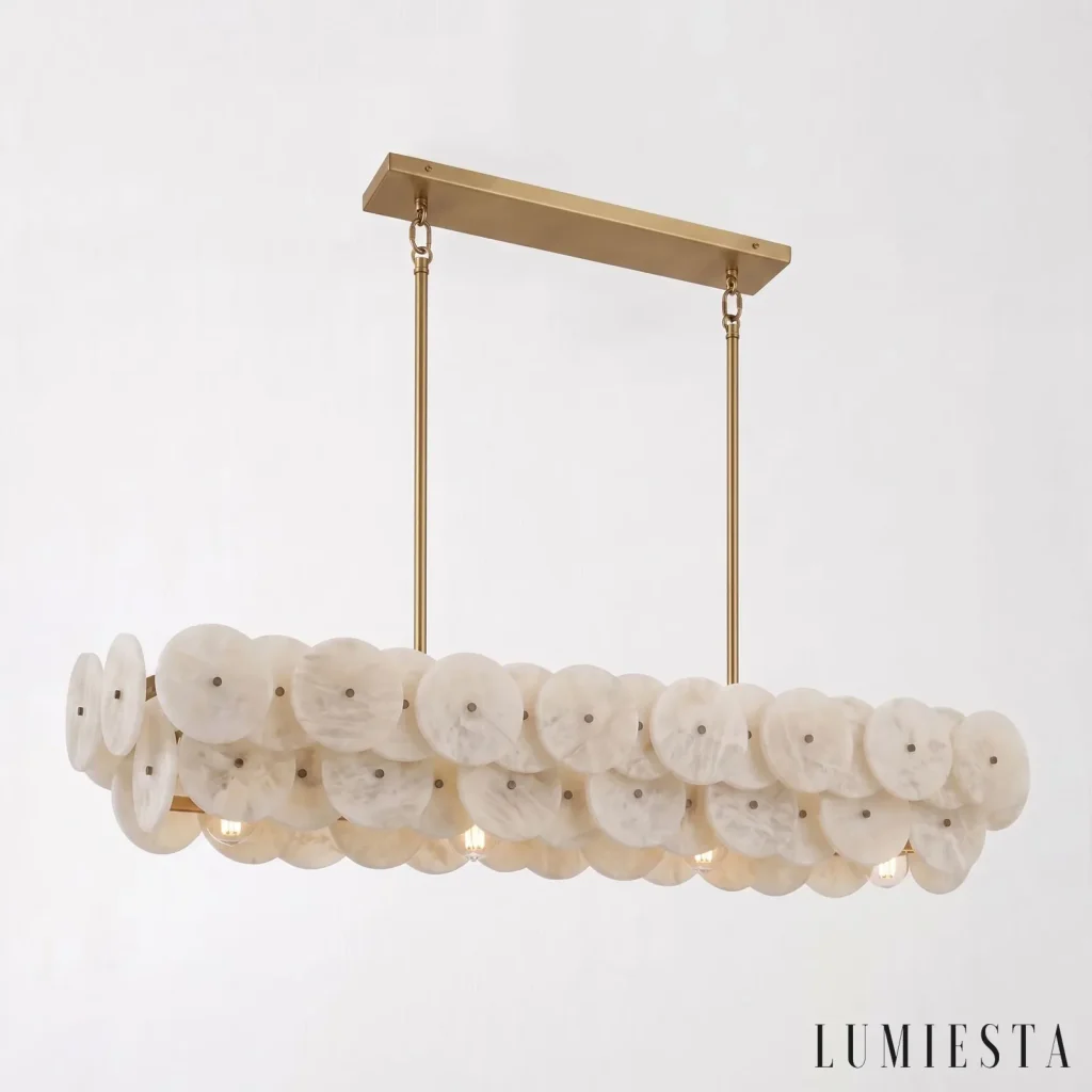 Panzano - linear chandelier with layers of alabaster discs - shade and base detail