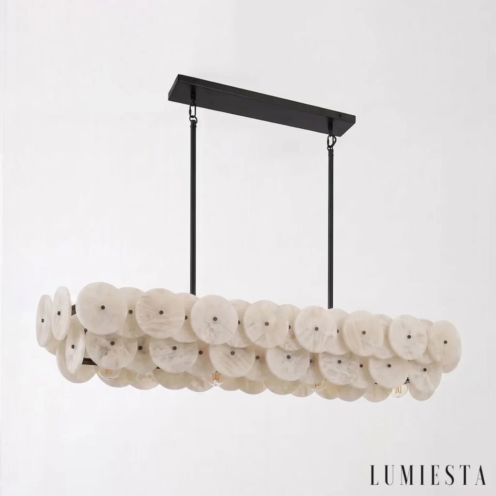 Panzano - linear chandelier with layers of alabaster discs - with the light switched on
