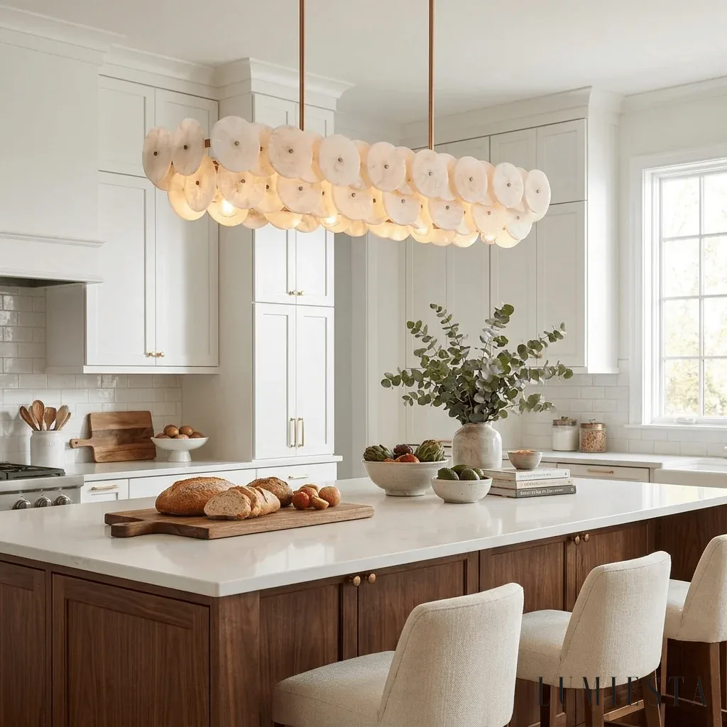 Panzano - linear chandelier with layers of alabaster discs - full view