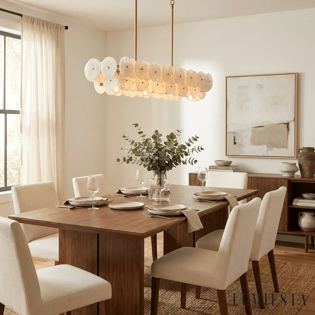 Panzano - linear chandelier with layers of alabaster discs - mounting detail