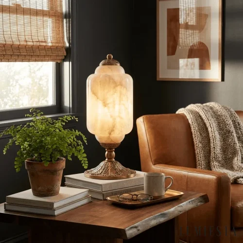 Camaiore - alabaster table lamp with an ornate base, height 42 cm - material detail - copper