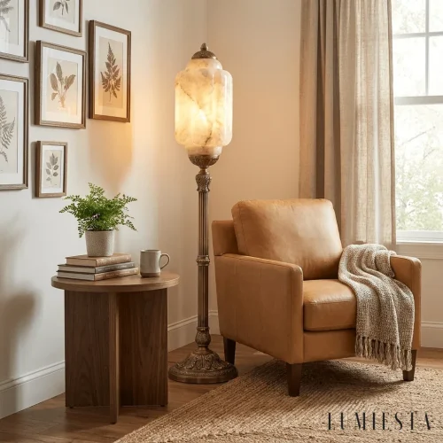 Barga - alabaster floor lamp, shade Ø: 20 cm; overall height: 95 cm - material detail - copper